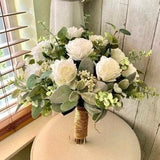 White Rose Wedding bouquet Boho style, premium realistic white rose & greenery bridal bouquet, classic sage eucalyptus bridesmaids flowers