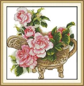 Cross Stitch Pink Peony Flowers Design Canvas Embroidery Wall Decoration Display