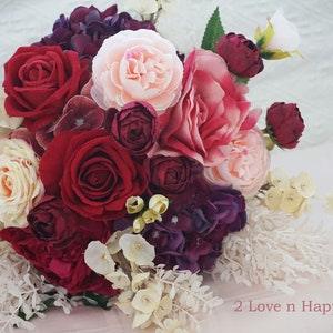 Red and blush maroon roses, peonies faux bridal bouquet-Artificial wedding bouquet-Bespoke faux bridal bouquets