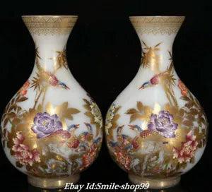 Yongzheng Year Colored Glaze Magpie Birds Peony Yuhuchun Flower Vase Bottle Pair
