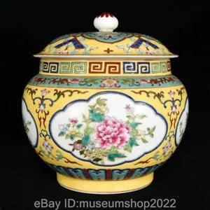 7.6" Old China Yongzheng Marked Colour Enamel Porcelain Peony Flower Pot Can Jar