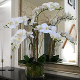 Artificial orchid arrangement for console table -Faux orchids in a glass bowl -Artificial white orchids with curly willow