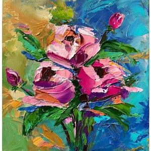 Unique Peonies Oil Painting Original Peonies Bouquet Artwork Impasto Peony Palette Knife Art Blossom Pink Peony Artwork Floral Painting Gift