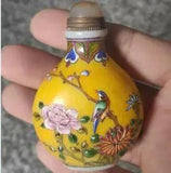 Chinese coloured glaze Hand carved peony flower bird snuff bottle S