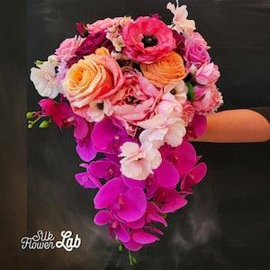 Realistic Phalaenopsis orchid bridal cascading bouquet, real touch roses, ranunculus, butterfly ranunculus, Beach Tropical outdoor wedding