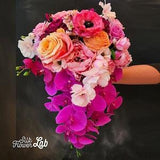 Realistic Phalaenopsis orchid bridal cascading bouquet, real touch roses, ranunculus, butterfly ranunculus, Beach Tropical outdoor wedding