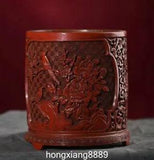 5.7" Old China Wood Lacquerware Peony Flower Bird Brush Pot Pencil Holder Vase