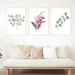 Eucalyptus Prints, Orchid Print, Set of Three Floral Art Prints, Flower Wall Art, Eucalyptus Leaves, Wall Art Set