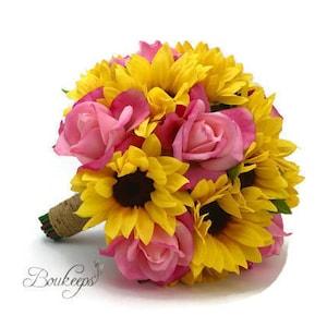CHOOSE RIBBON COLOR - Sunflower and Pink Rose Bouquet, Sunflower Bridesmaid / Bridal Bouquet, Sunflower Bridal Bouquet, Sunflower Wedding