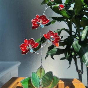 Stained glass Orchid flower Ruby Red with veins, Suncatcher  3D plant, Wedding Christmas Gift Outdoor and gardening