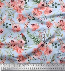 Soimoi Green Velvet Fabric Woodpecker & Peony Floral Printed Craft-Ujw