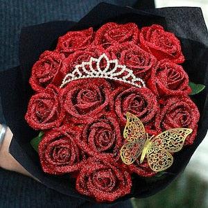 Glitter rose love bouquet with forever flowers butterfly tiara. Anniversary proposal birthday wedding girlfriend boyfriend dating new year