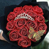 Glitter rose love bouquet with forever flowers butterfly tiara. Anniversary proposal birthday wedding girlfriend boyfriend dating new year