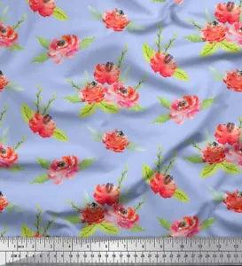 Soimoi Blue Velvet Fabric Leaves & Peony Floral Print Fabric by-sVv