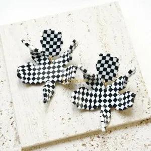 Lele Sadoughi Small Paper Lily Earrings Black White Checkerboard NEW w/ Dust Bag