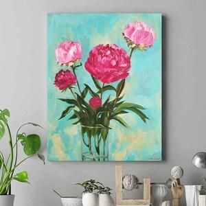 pink peonies bouquet on turquoise original oil painting  18x14''