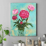 pink peonies bouquet on turquoise original oil painting  18x14''