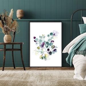 Eucalyptus Leaves Art Print, Botanical Watercolor Print, Eucalyptus Leaf Art, Green Purple Fine Art Print, Large Wall Art, Bathroom Wall Art