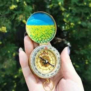 Sunflower Field Handpainted Pocket Compass. Gold Custom Compass, Hiking Accessories, Blue And Yellow Art, Unique Gift Idea, Orienteering Art