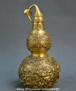 Collect China fengshui old bronze peony Flower wealth rank cucurbit Gourd statue