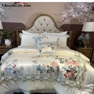 Cotton Peony Flowers Embroidered BeddingSet Duvet Cover Set Bed Sheet Pillowcase