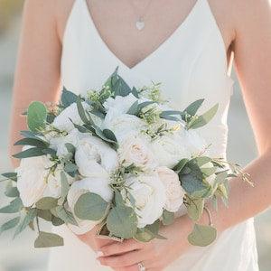 White Ivory Bridal Bouquet for Weddings, Greenery and Rose Peony Boho Bouquets for Bride and Bridesmaids, Silk wedding bouquets