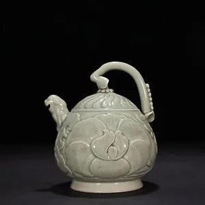 8" Chinese Antique Porcelain song dynasty yaozhou kiln cyan peony flower Teapot