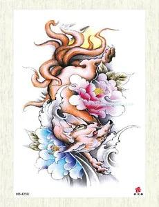 peony flower wolf animal large 8.25" temporary tattoo temporary fake tattoos