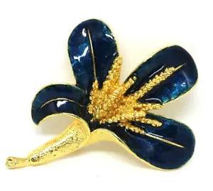 Blue Enamel Flower Brooch Gold Tone Lily Pin