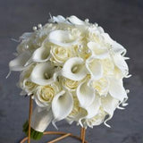 Ivory Real Touch Roses Wedding Bouquet, Cream White Calla Lilies Bridal Bouquets, Pearls Bouquets, White Bridesmaids Bouquet, Fake Flowers