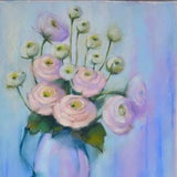 Ranunculus, tenderness. The original drawing of a bouquet of pink Persian buttercup in a vase, made with soft pastel in soft colours.