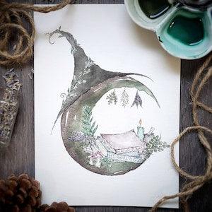 Green Witch Painting / Witch Decor / Moon Art / Witchy Decor / Fine Art / Green Witch Art / Moon Decor / cottagecore decor / farmhouse print
