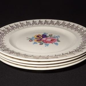 Set of 4 Vintage Golden Bouquet by Empire Porcelain dinner plate 10 inches 22k  Gold flowers on rim floral center rose pansies Staffordshire