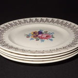 Set of 4 Vintage Golden Bouquet by Empire Porcelain dinner plate 10 inches 22k  Gold flowers on rim floral center rose pansies Staffordshire