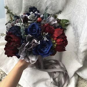 Wedding Bouquet Burgundy Navy Blue Red Peony Steel Silver Eucalyptus Wedding Maroon Grey Package Artificial Faux Flowers Wedding Decor
