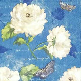 R288# 3 x Single Paper Napkins For Decoupage Cream Peony Flower Pattern On Blue