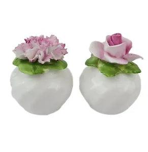 Flower Salt and Pepper Shakers Pink Rose Carnation Radnor Bone China England VTG