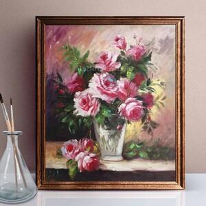 Peony Bouquet in Glass, Flower artwork, Pink Modern still life painting, floral art on canvas, Wall Decor for Livingroom Bedroom