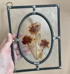 Vintage Pressed Dried Flowers Glass & Metal Wall Hanging Piece Missing One Hook