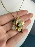Gorgeous Crystal & Earthtone Enamel Lily Flower Brass Goldtone Pendant 16 + 1.5"