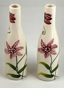 Bud Vase SET of 2 Handpainted Textured Lilies pink floral lily White ceramic