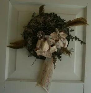 Handmade Door Decor Round Wicker Base/Pinecones/Bird Feathers/Bow Accent