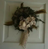 Handmade Door Decor Round Wicker Base/Pinecones/Bird Feathers/Bow Accent