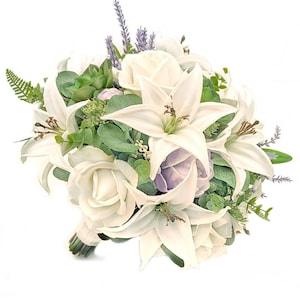 Real Touch Artificial White Ivory Lavender Tiger Lily Peonies Roses Hops Bridal Cascade Bouquet Bridesmaids Bouquet Prom Wedding Centerpiece