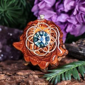 Pinecone Pendant with Glass (Blue Phoenix Orchid) and Gold Seed of Life (Medium) by Third Eye Pinecone