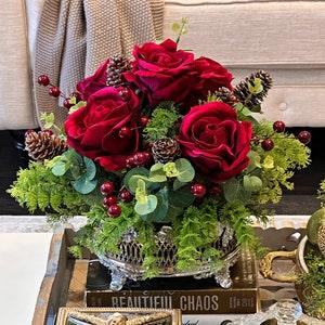 Centerpiece arrangement of Ruby Red Velvet roses, berries, pinecones & greenery, vintage antique silver vase Faux silk flower, floral decor