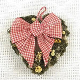 Vintage Cottagecore Yellow Dry Flower Heart Shape Wreath Red & White Gingham Bow