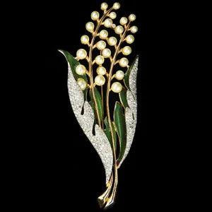 Coro Gene Verrecchio Pave Enamel Pearls Giant Lily of the Valley Flower Pin