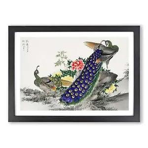 Peacocks & Peony Flower Framed Wall Art Poster Print Home Decor Picture Large