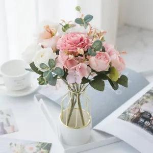 1 Bundle Bouquet Wedding Bride Holding Floral Artificial Silk Rose Peony Flowers